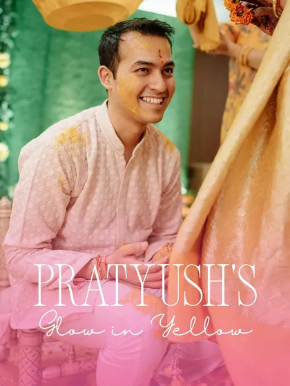 "Pratyush's Glow in Yellow." A happy groom ready for his Haldi ceremony, surrounded by beautiful decor that we planned.