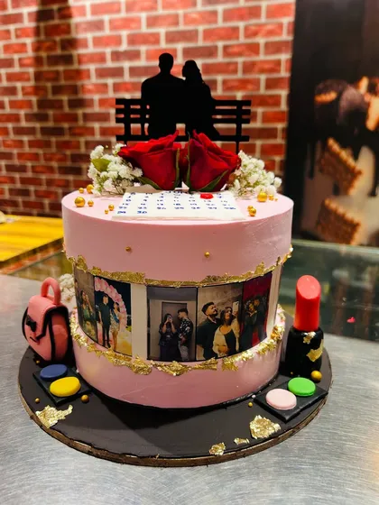 A personalized cake for someone who loves makeup and memories. This design features a photo reel of pictures, along with edible fondant makeup items like lipstick and eyeshadow.
