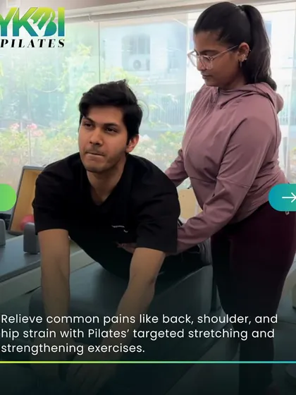 Golf can lead to common pains in the back, shoulders, and hips. Pilates helps relieve this strain with targeted stretching and strengthening exercises, as shown here on the reformer box.