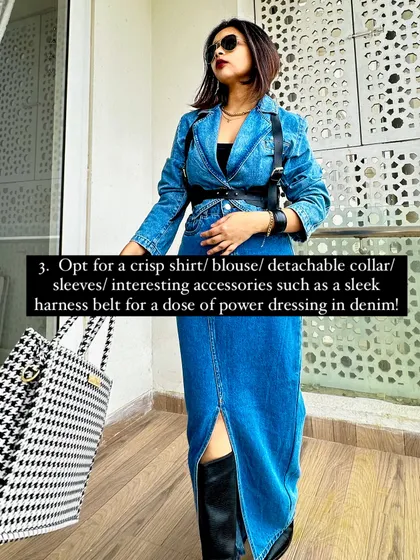 A tip for power dressing in denim: opt for interesting accessories like this sleek harness belt to elevate the look.