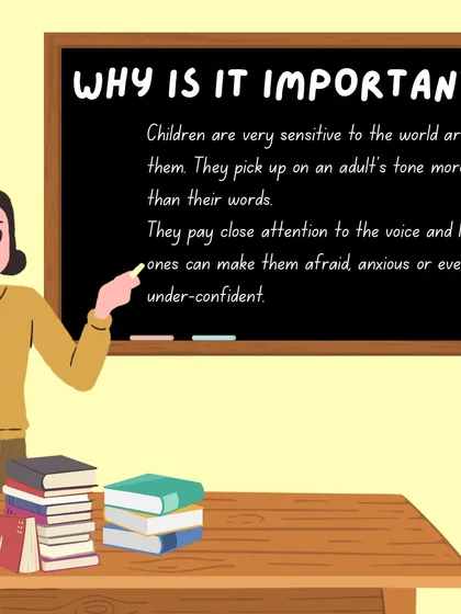 An infographic series on the importance of the educator's tone, explaining why a quiet, respectful, and encouraging voice is crucial for a child's development.