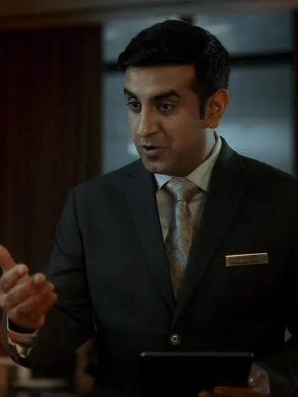 I styled this actor as a formal and slightly intimidating hotel manager to represent the confusing jargon of the financial world.