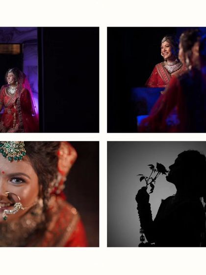 A four-part collage showing various artistic bridal shots. It includes close-ups, a silhouette, and different lighting setups to demonstrate the variety I provide in a single bridal session.