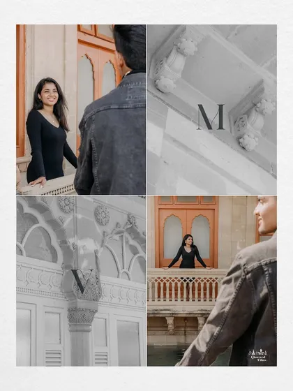 A storytelling collage that captures the elegance of the palace architecture and the couple's interactions. The use of initials adds a personalized touch to this collection of pre-wedding portraits.