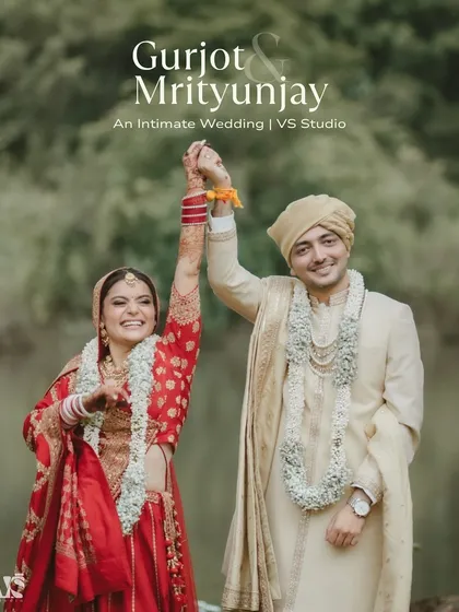 Pure, uncontainable joy. This shot of Gurjot and Mrityunjay after their intimate wedding ceremony perfectly captures the happiness of starting their new life together, surrounded by nature.