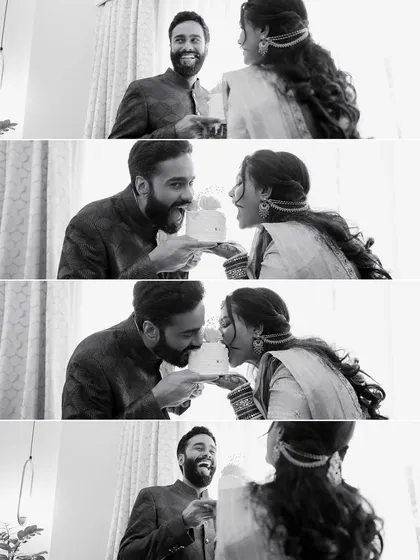 A sequential story in black and white, showing the fun and playful progression of a couple sharing their wedding cake.
