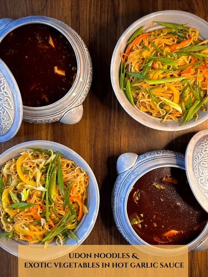 A hearty and flavorful dish of Udon Noodles with exotic vegetables, all tossed in a savory hot garlic sauce. This is a perfect main course for any Pan-Asian themed meal.