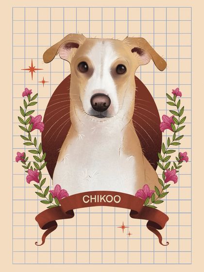 This is a digital illustration of a lovely dog named Chikoo. The warm tones and sparkling details give the portrait a magical, storybook quality, perfect for celebrating a cherished furry friend.