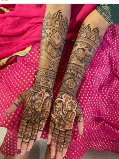 A full family portrait mehendi, this design includes the couple and their parents, with the names 'Mohak' and 'Shefali' beautifully written.