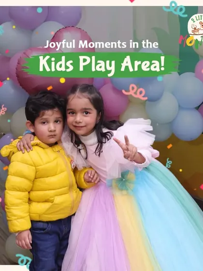 We love capturing joyful moments like this one. Two friends enjoying a party together, surrounded by colorful balloons and happy vibes. This is what our kids' play area is all about.