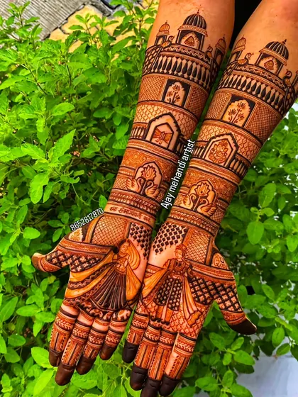 This is a classic full bridal mehndi design. I included detailed figures of a bride in a doli, palace architecture on the forearms, and delicate patterns, all done with my 100% natural henna for a guaranteed dark stain.