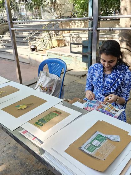 My first experience participating in an 'Art Part' art event. Here I am at my table, with my collection of object studies ready to be shared with visitors.