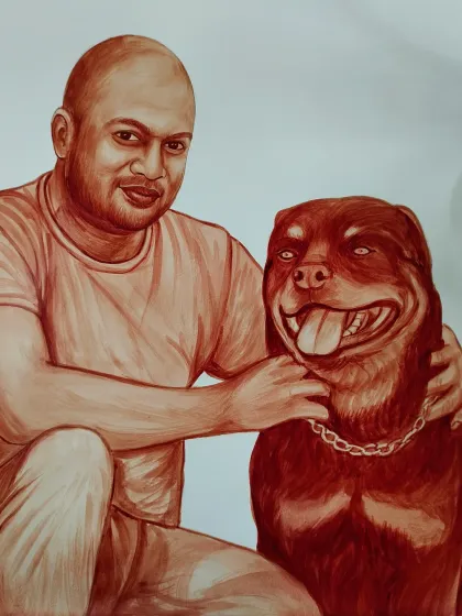 Pets are family. I create detailed blood portraits of pets, like this one of a beloved Rottweiler, capturing their unique personality and spirit.