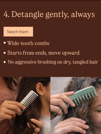 Teaching children to detangle gently is a crucial habit. Using a wide-tooth comb and starting from the ends while moving upward prevents breakage and makes the process painless, fostering a positive relationship with their hair care.