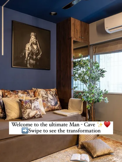 Welcome to the ultimate man-cave. We transformed a blank space into a bold personal retreat with cobalt blue walls, warm wood tones, and a comfortable sofa-bed that incorporates ancestral furniture.