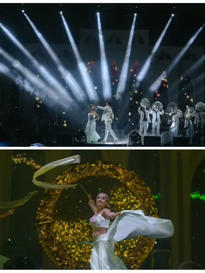 A collage of performances from the Sangeet night. It showcases the variety of entertainment I can orchestrate, from the couple's dance to professional troupes with unique props.