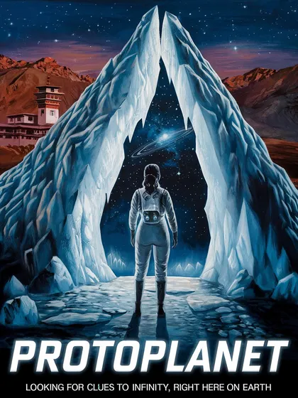 A Protoplanet poster showing an astronaut at the entrance of an ice cave that opens up to a view of deep space. This work blends terrestrial exploration with cosmic wonder.