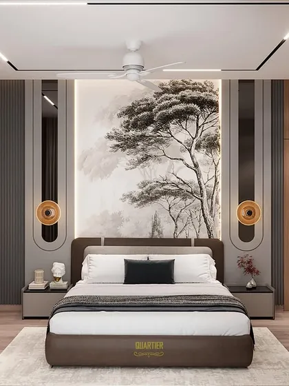 This master bedroom render for Cleo County features a dramatic, nature-inspired wallpaper behind the bed. The design is flanked by dark wood panels and integrated wardrobes, creating a sophisticated and moody ambiance.