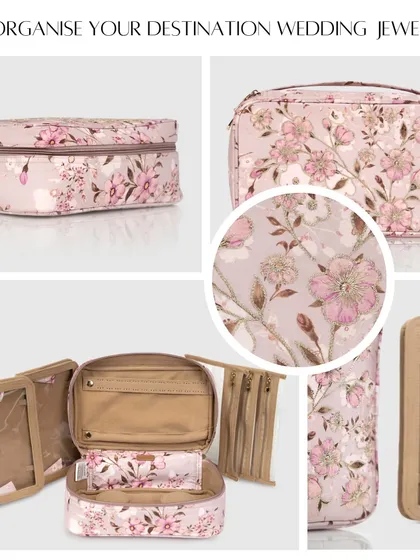 I created my travel jewellery organisers to be both beautiful and practical. This collage shows the thoughtful interior, with dedicated pouches and panels to keep your destination wedding jewellery safe and untangled.
