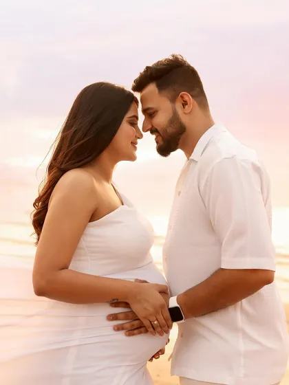 An intimate and romantic close-up. The soft sunset light on the beach creates the perfect mood for this beautiful portrait of the expecting couple.