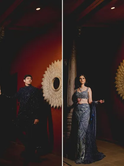 A stylish collage of a couple dressed in dark, elegant attire for their cocktail night, posing with dramatic, artistic lighting.