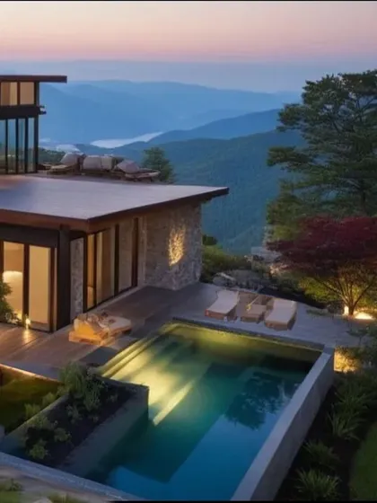 An infinity pool at the edge of the property seems to merge with the breathtaking mountain landscape beyond. The design is all about creating a luxurious retreat that feels completely connected to its surroundings.