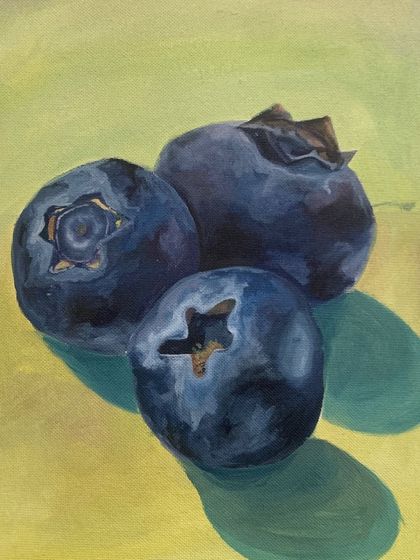 A student's finished acrylic painting of blueberries. This still life demonstrates excellent use of light and shadow to create realistic, three-dimensional forms.
