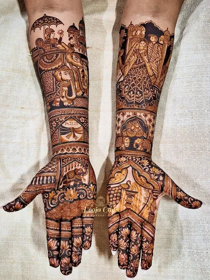 A stunning bridal design featuring a baraat procession on one arm and a beautiful family portrait on the other, creating a rich and personal narrative.