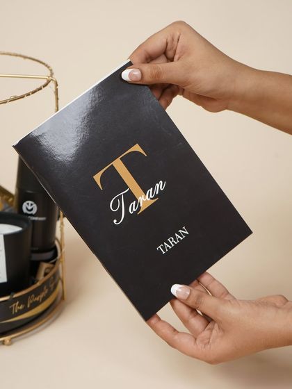 A custom-designed notebook with his initial and name, making the birthday gift both personal and practical.