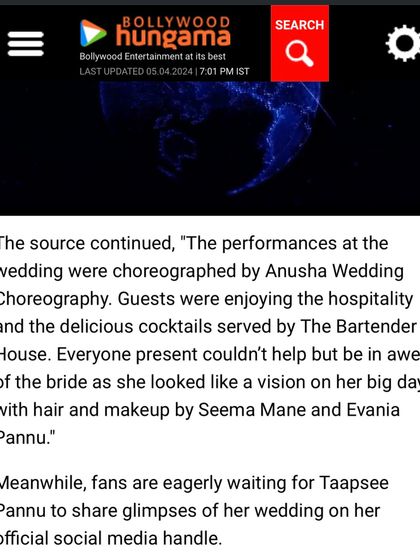 Another wonderful mention, this time from Bollywood Hungama, about my choreography work for Taapsee Pannu's wedding celebrations.