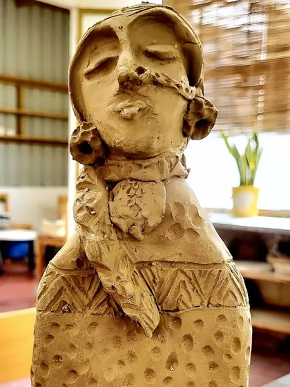 This clay sculpture was inspired by a powerful photograph I saw of a Lambadi tribal girl. I wanted to capture her unique style and confident attitude in the clay. Creating figurative sculptures like this allows me to tell a story and infuse the piece with emotion and character.