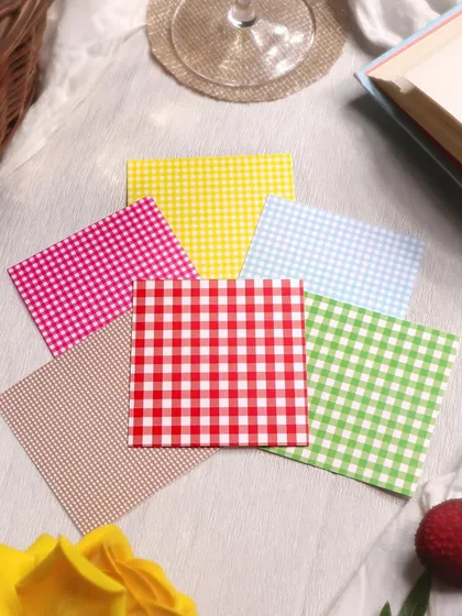 Gingham patterned papers from the Picnic-themed kit, available in a variety of bright and cheerful colors.