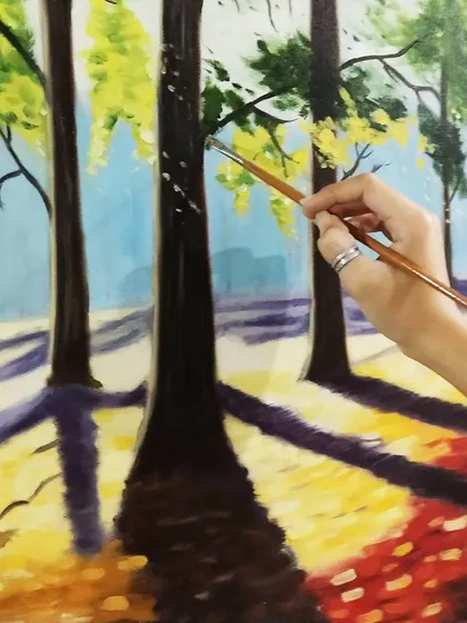 Adding the final touches to this forest landscape. This close-up shows the patchwork style I experimented with to create texture on the tree trunks and leaves.