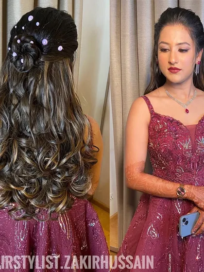 A front and back view of the half-up style with a mini bun, showing the client's full look.