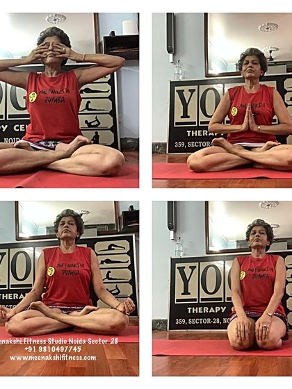 This collage shows a sequence of calming practices, from Bhramari Pranayama to simple seated meditation. These are the tools I teach to help you find your happy hour within.