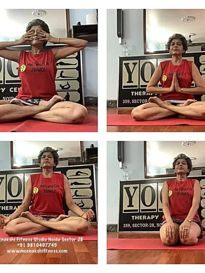 A collage showing four key aspects of my practice: Bhramari Pranayama, Anjali Mudra (prayer hands), seated meditation, and Vajrasana (thunderbolt pose).