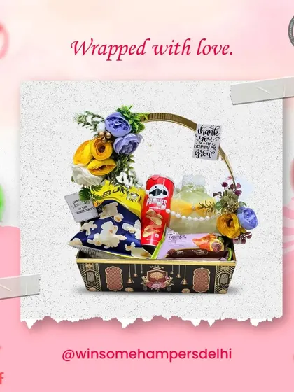 Another view of this personalized hamper, showing the thoughtful arrangement of snacks and flowers in a decorative basket.