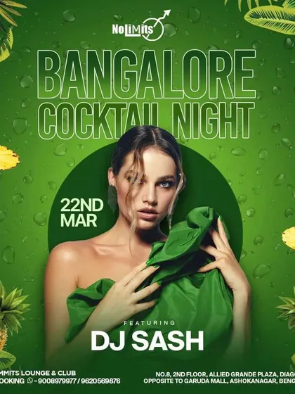 The poster for a 'Bangalore Cocktail Night' with a tropical theme, promising free cocktails for ladies.