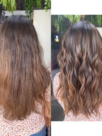 A blonde pop balayage that dramatically brightens the hair without using bleach. This before-and-after shot highlights the incredible lift and tone we can achieve.