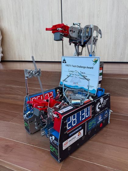 A close-up of the award-winning robot built by the Gujarat Tech Titans. This machine, created entirely by students, ranked 8th in autonomous performance at the international competition in Sydney.