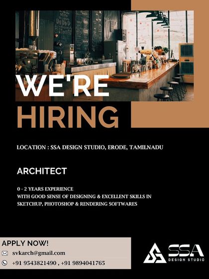 SSA Design Studio in Erode, Tamil Nadu, is hiring an architect with 0-2 years of experience and a good sense of design.