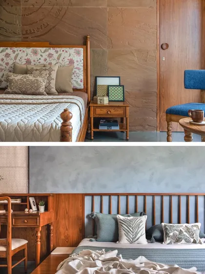 A collage showing two different bedroom designs from the Surat apartment, one with a floral headboard and stone wall, the other with a blue accent wall and a wooden desk.