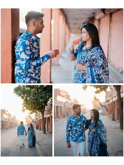 A collage of Praveen and Chaithra's street photography session, including enjoying a cup of chai and walking through the old city market.