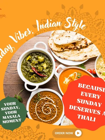 Your Sunday, your masala moment. Every Sunday deserves a thali, and ours is packed with flavor, from rich dal makhani to creamy palak paneer.