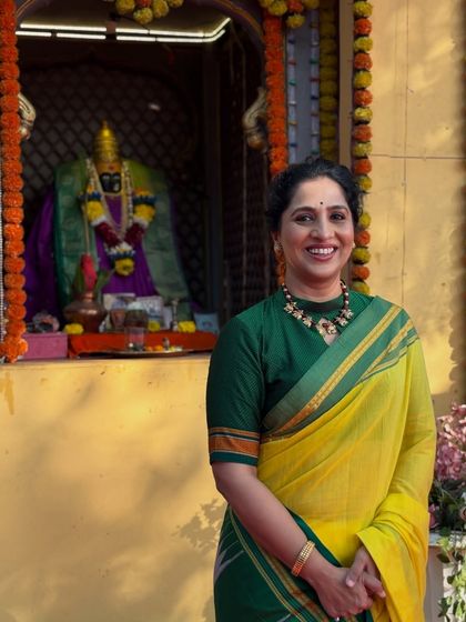A happy shot of Madhurani at a temple, dressed in character as Savitribai Phule.