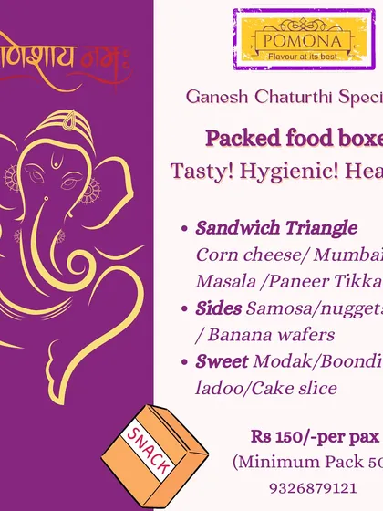 My special packed food box for Ganesh Chaturthi celebrations. This festive menu includes sandwich triangles, samosas, and traditional sweets like modak, making it easy to treat your guests.