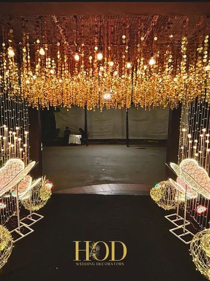 The full view of the butterfly-themed entrance at night, with a tunnel of lights creating a magical and high-energy welcome for guests.