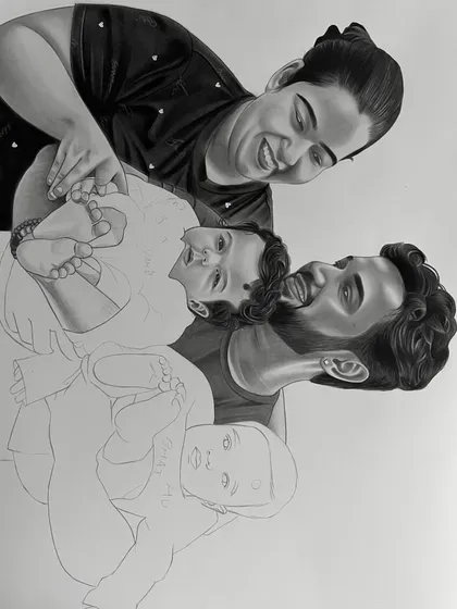 The family sketch in progress. Here you can see one of the babies fully rendered while the other is still in the outline stage, showing how the image is built up layer by layer.