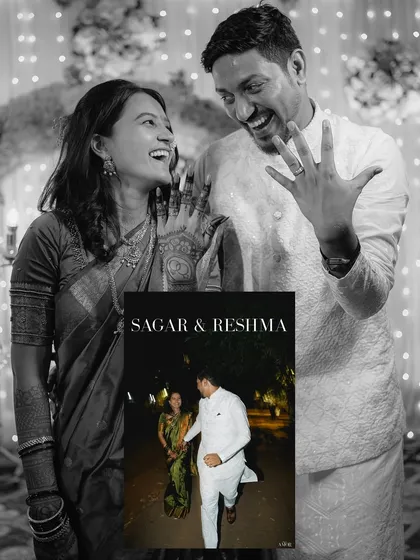 A fun and celebratory shot of the couple showing off the engagement ring. The black and white treatment with a small color inset adds a modern, graphic touch.