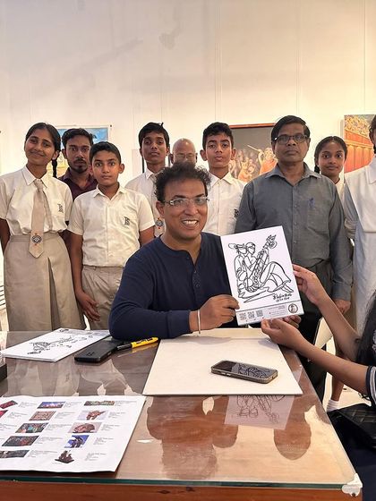 Students from a school in Colombo visited my international exhibition. I took the opportunity to do a quick signature art demonstration for them.